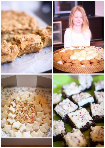 {Clockwise from top left: Oaty Caramel Slice by me, Ella the little angel and lots of muffins and scones made by her and her mum Emma, Candy Cane Brownies by Celia, Christmas Shortbread by Victoria and Kate.}