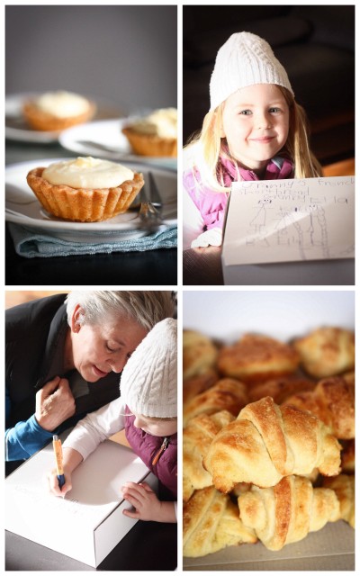 {Clockwise from top left: Citron cream tarts by me, the lovely Ella and her cake box artwork, Amazing homemade croissants by Kimberley, Jude and Ella.}