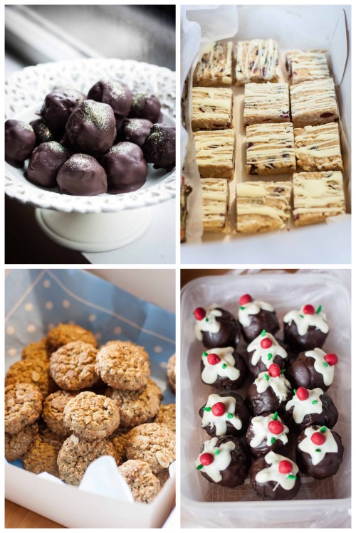 {Clockwise from top left: Christmas truffles by me, Cookie slice by Alice, Little Christmas puddings by Kimberly, Ginger-Lemon Oatmeal cookies Celia.}